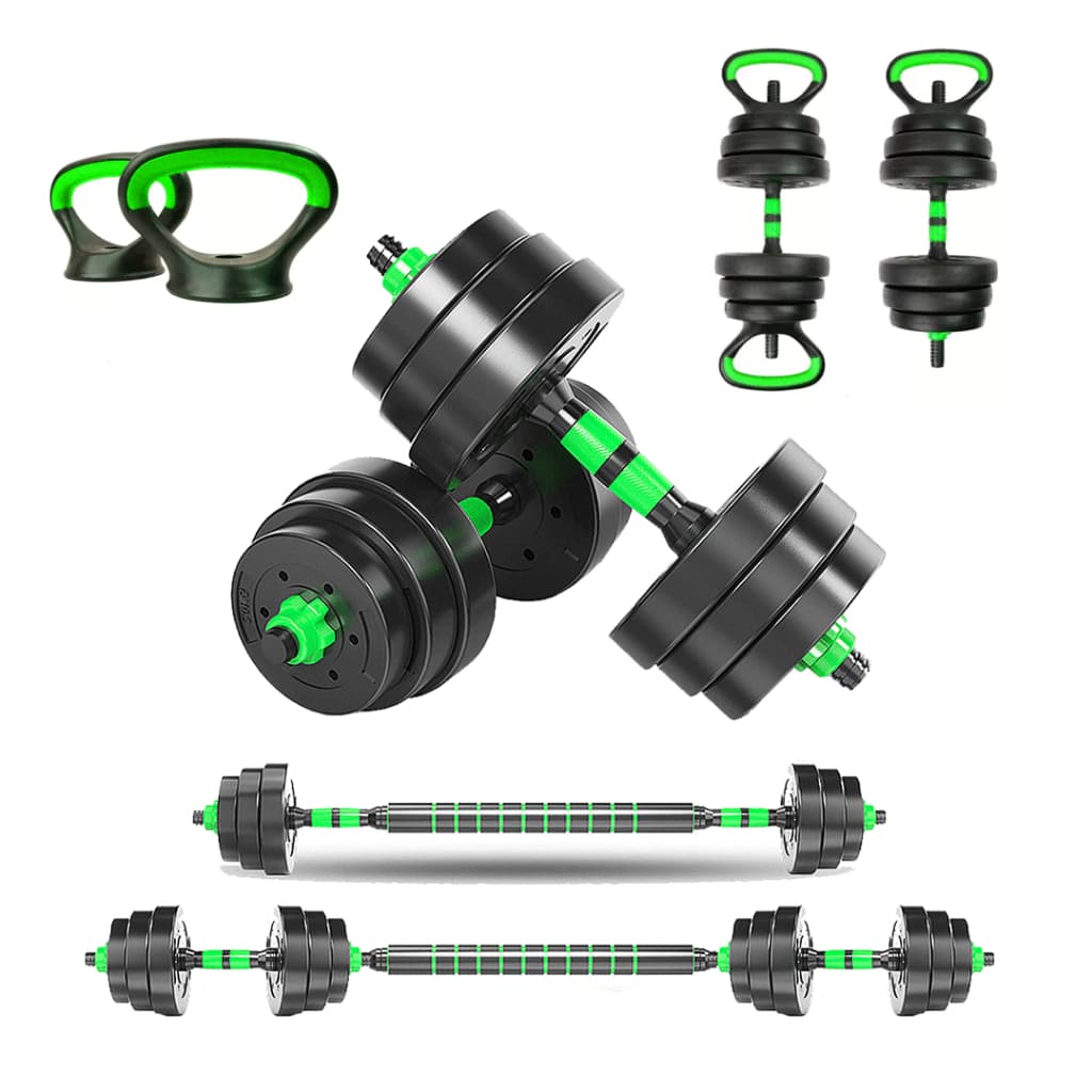 Kit Halteres Aço Emborrachado 30kg Kettlebell Barra Verde