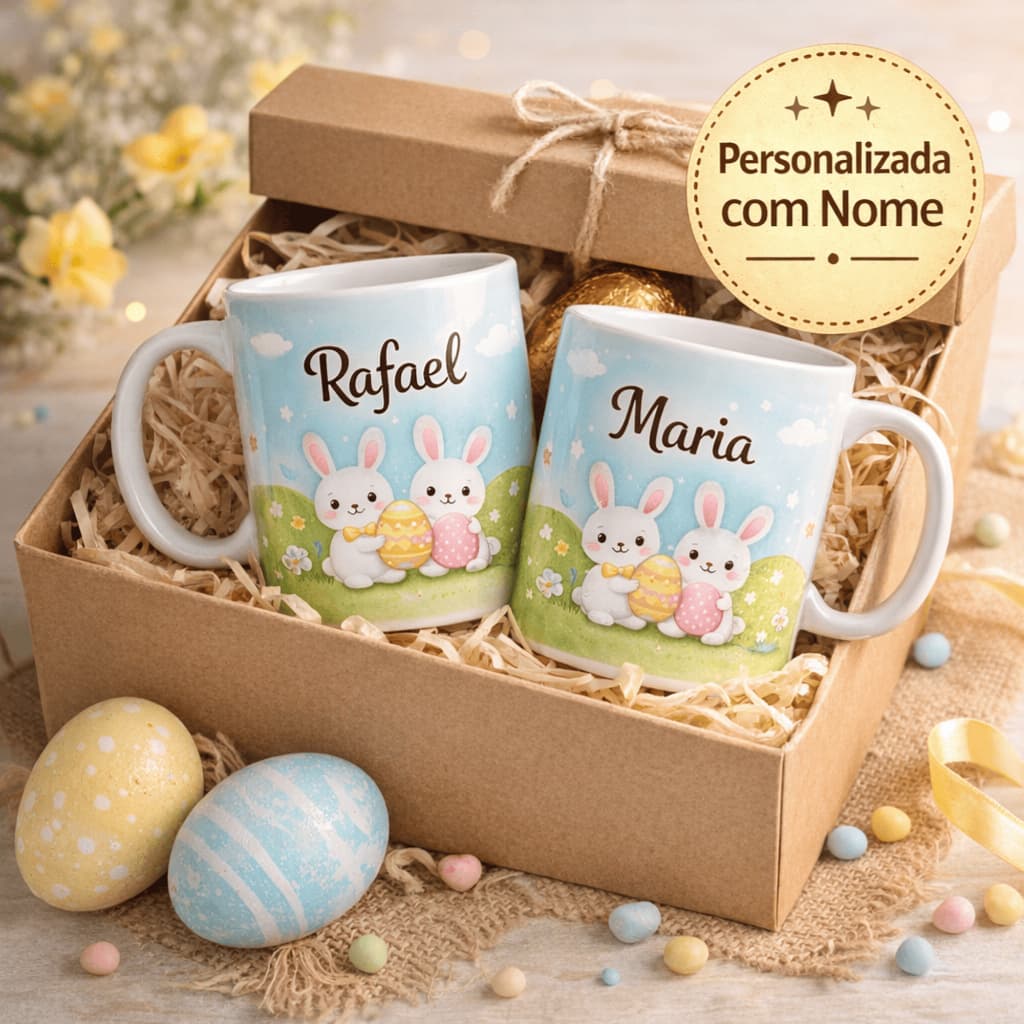 Kit 2 Canecas Personalizadas Páscoa com Nome Presente Casal 325ml