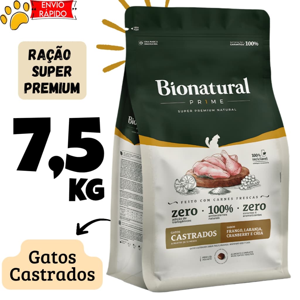 Ração Bionatural Gato Castrado 7,5kg  Super Premium Sabor Frango