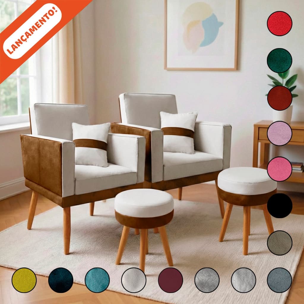 Kit 2 Poltrona Para Sala Decorativa Lis Almofada 2 Puff Redondo Corino Suede