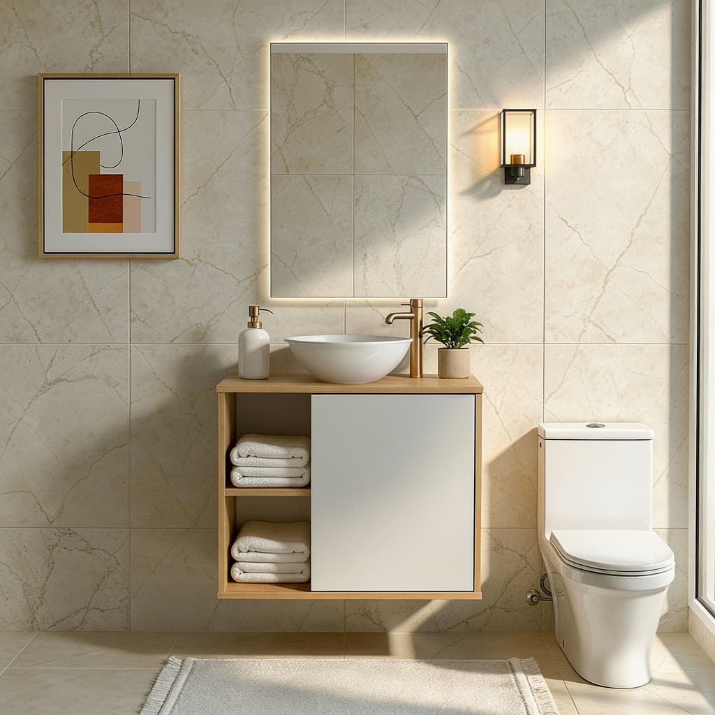 Gabinete Suspenso Banheiro Moderno com Cuba de Sobrepor 2 Nichos e 1 Porta - Blue Moby