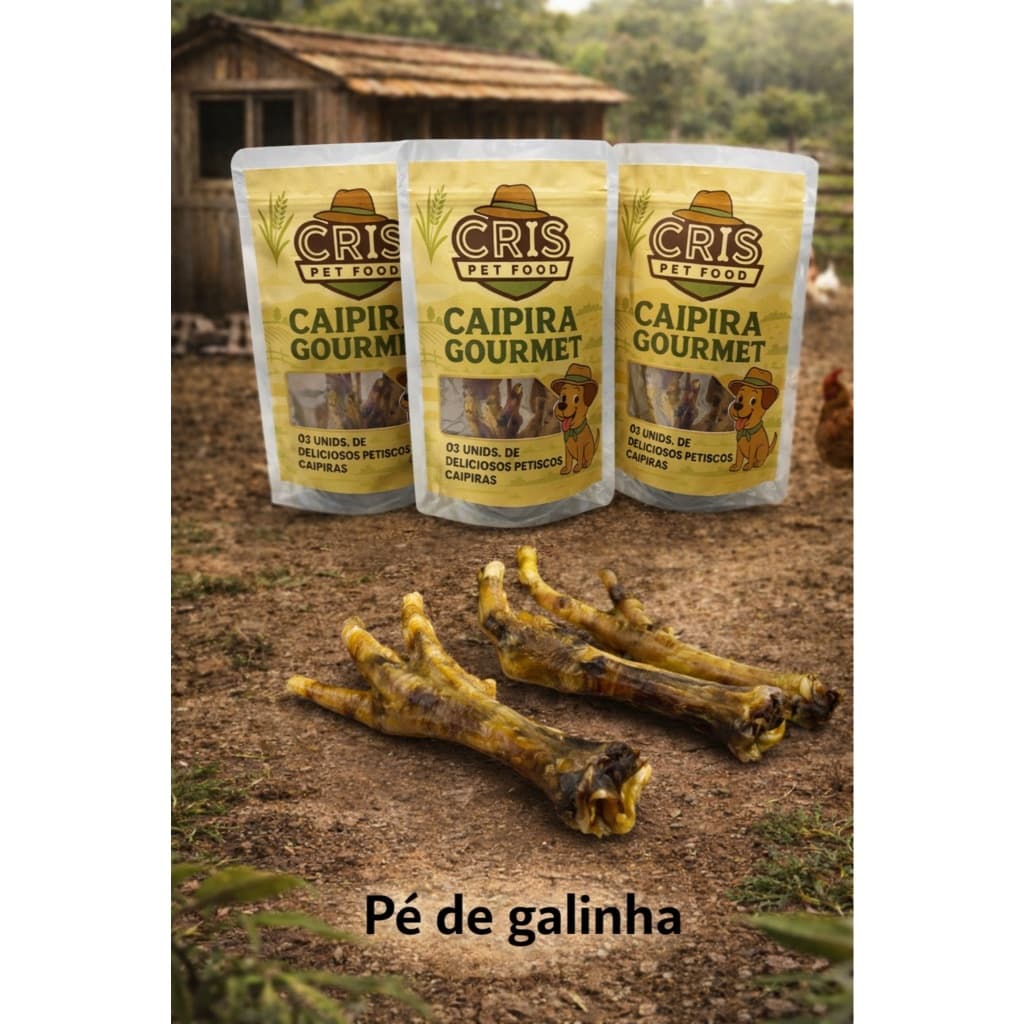 03 Pés de Galinha Cris Pet Caipira Gourmet Desidratado 100% Natural para cachorros e gatos