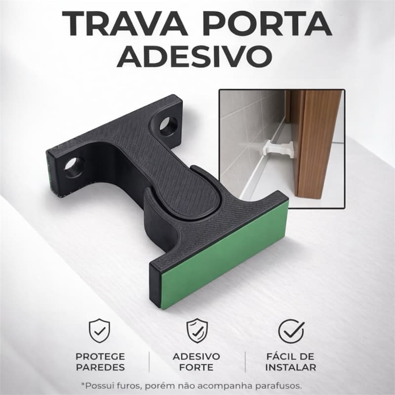 Trava Porta Adesiva com Dupla Face Fixador Prendedor com Furo para Parafuso Parede Madeira Vidro