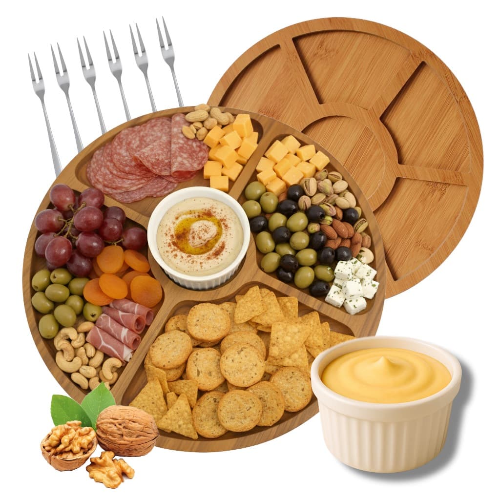 Kit Petisqueira Redonda 6 Garfinhos Ramekim Molheira Gamela Madeira Aperitivo Frios Queijo