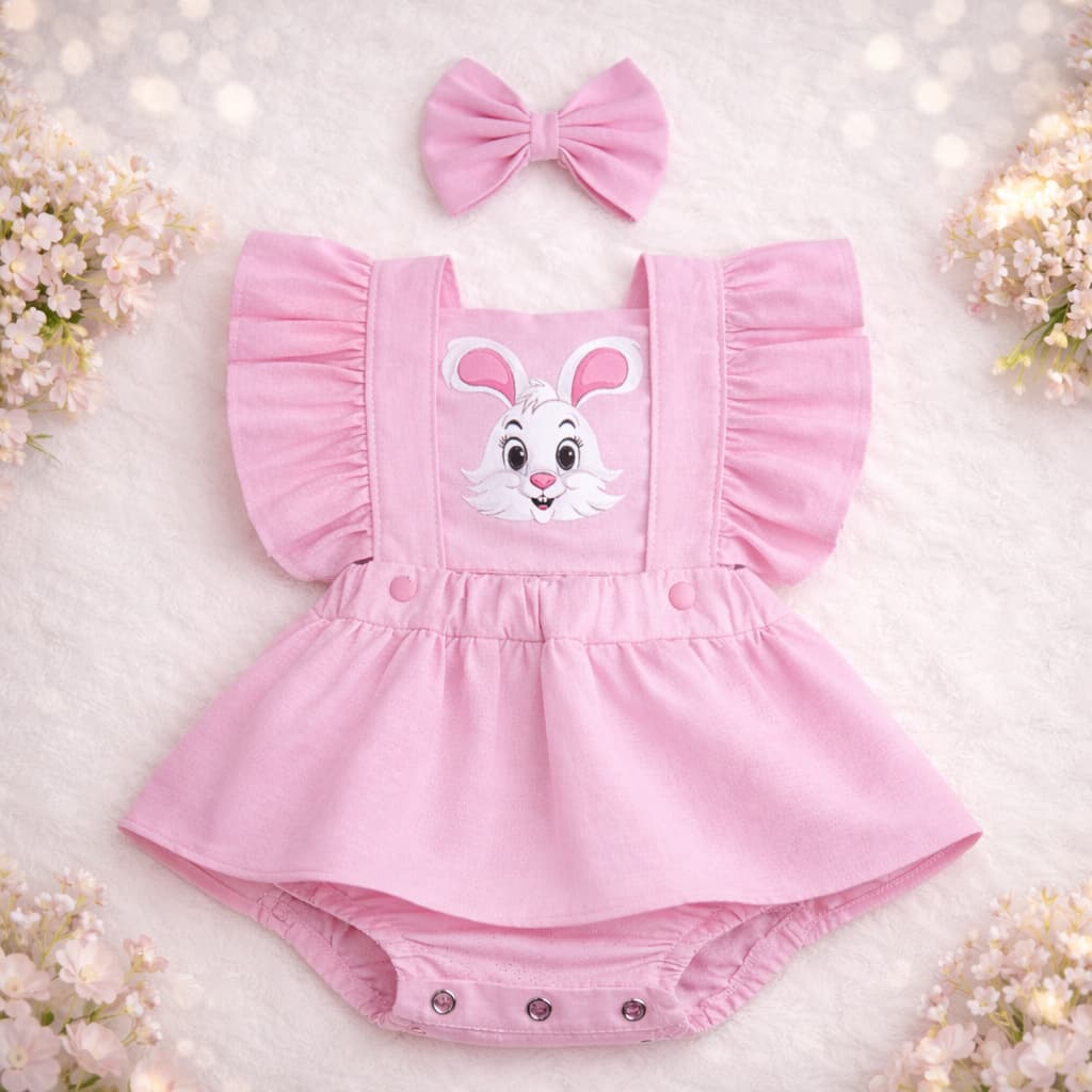 Macacão Jardineira Body Bebê Menina Temático Coelhinha da Pascoa Mesversário