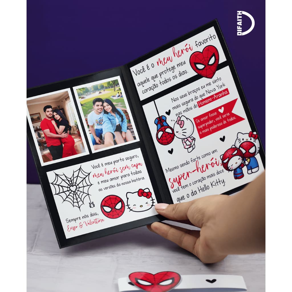 Cartinha Homem-Aranha e Hello Kitty Personalizada com Foto – Presente Romântico Criativo para Namorado(a)