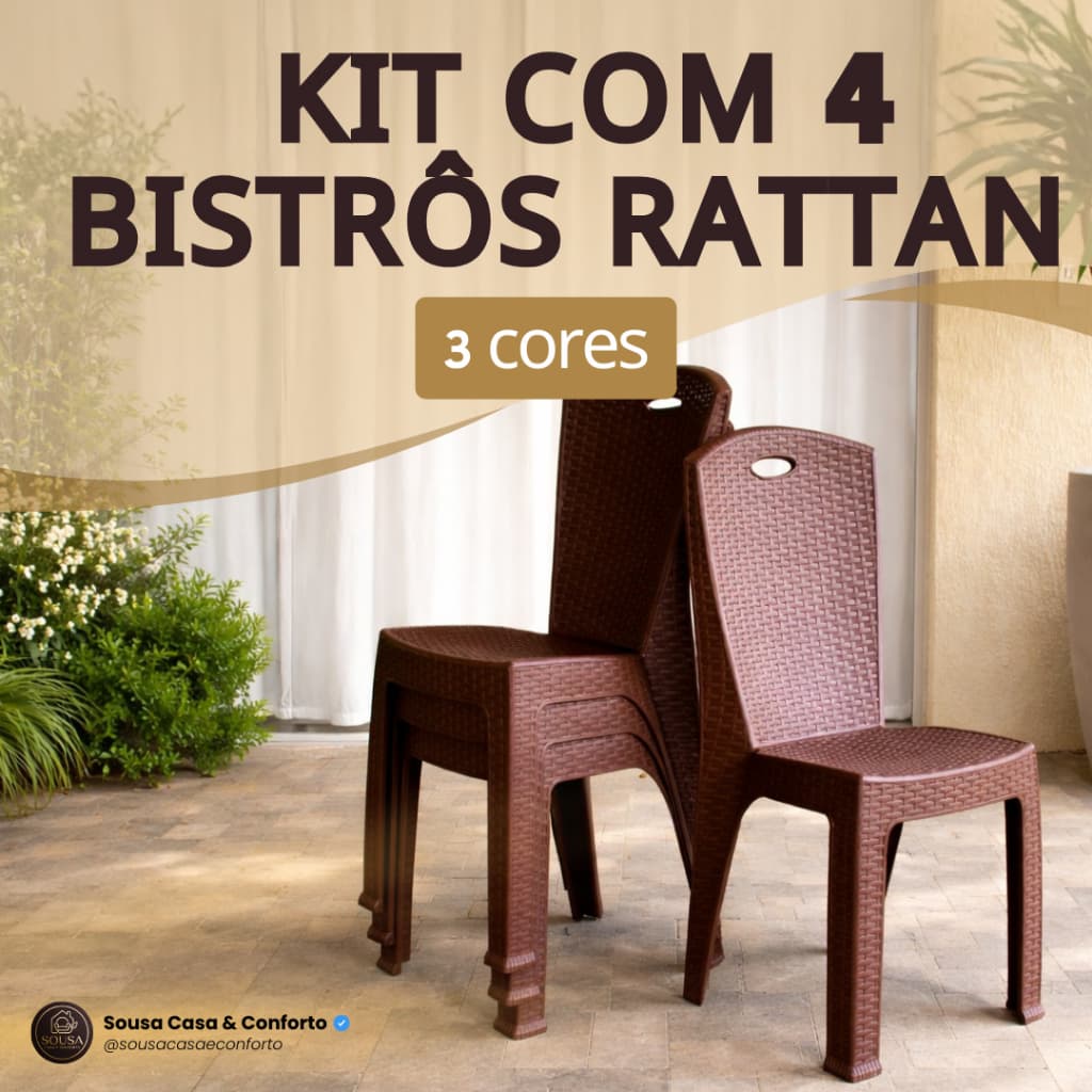 Kit 4 Cadeiras Bistrô Rattan Reforçada Empilhável Escritório Varanda Piscina Salão Jardim Área Lazer