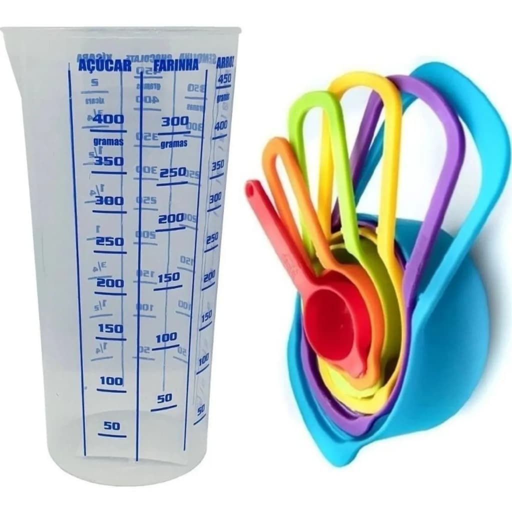 Kit Medidor de Cozinha: Copo Graduado + 6 Colheres Medidoras – Medidas Precisas para Receitas