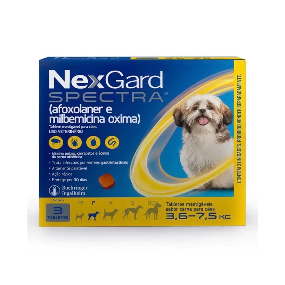 Kit 3 NexGard Spectra Antipulgas e carrapatos para caes de 3,6 a 7,5 kg