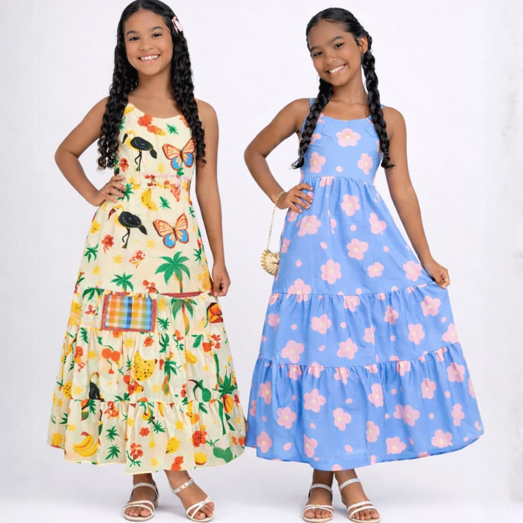 Vestido Infantil Longo Tropical Estampado com Babados Alça Fina Moda Verão 10, 12, 14,16 Anos
