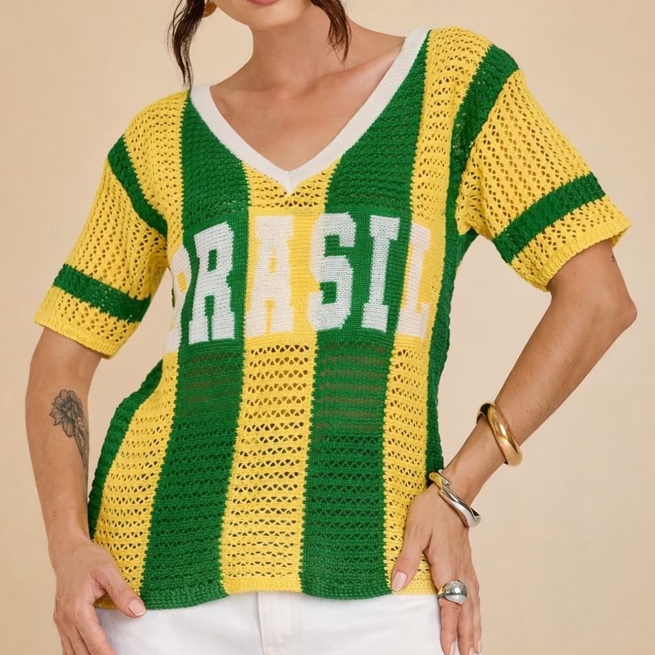 Blusa Feminina Tricô Brasil Manga Curta Fio Crochê Peneirado Decote V Brazilcore Copa Verde Amarelo