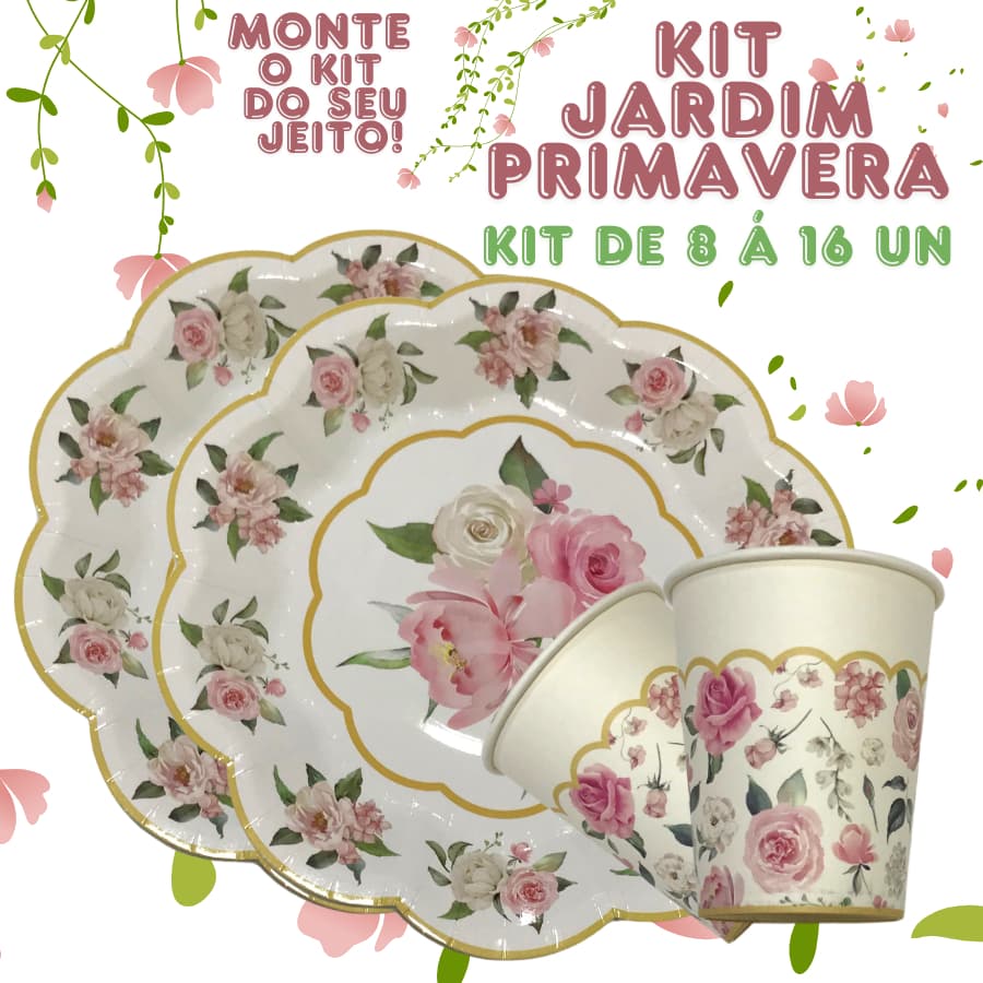 Kit Prato e Copo 8/16 cada Descartável Floral Jardim de Primavera 