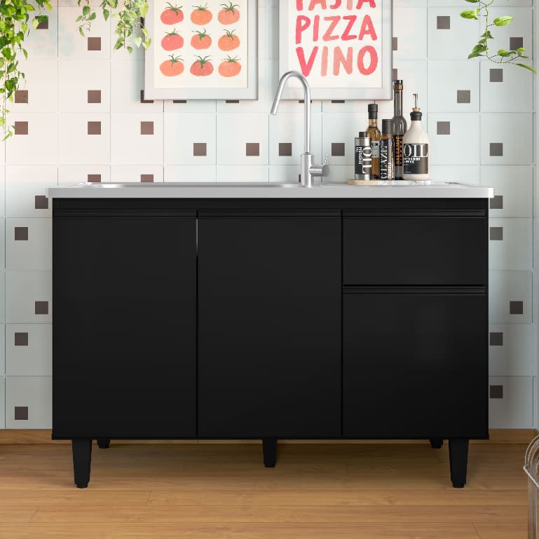 Balcão de Pia de Cozinha Preto MDP 120cm Sem Tampo Armário Cozinha Gabinete 3 Portas 1 Gaveta