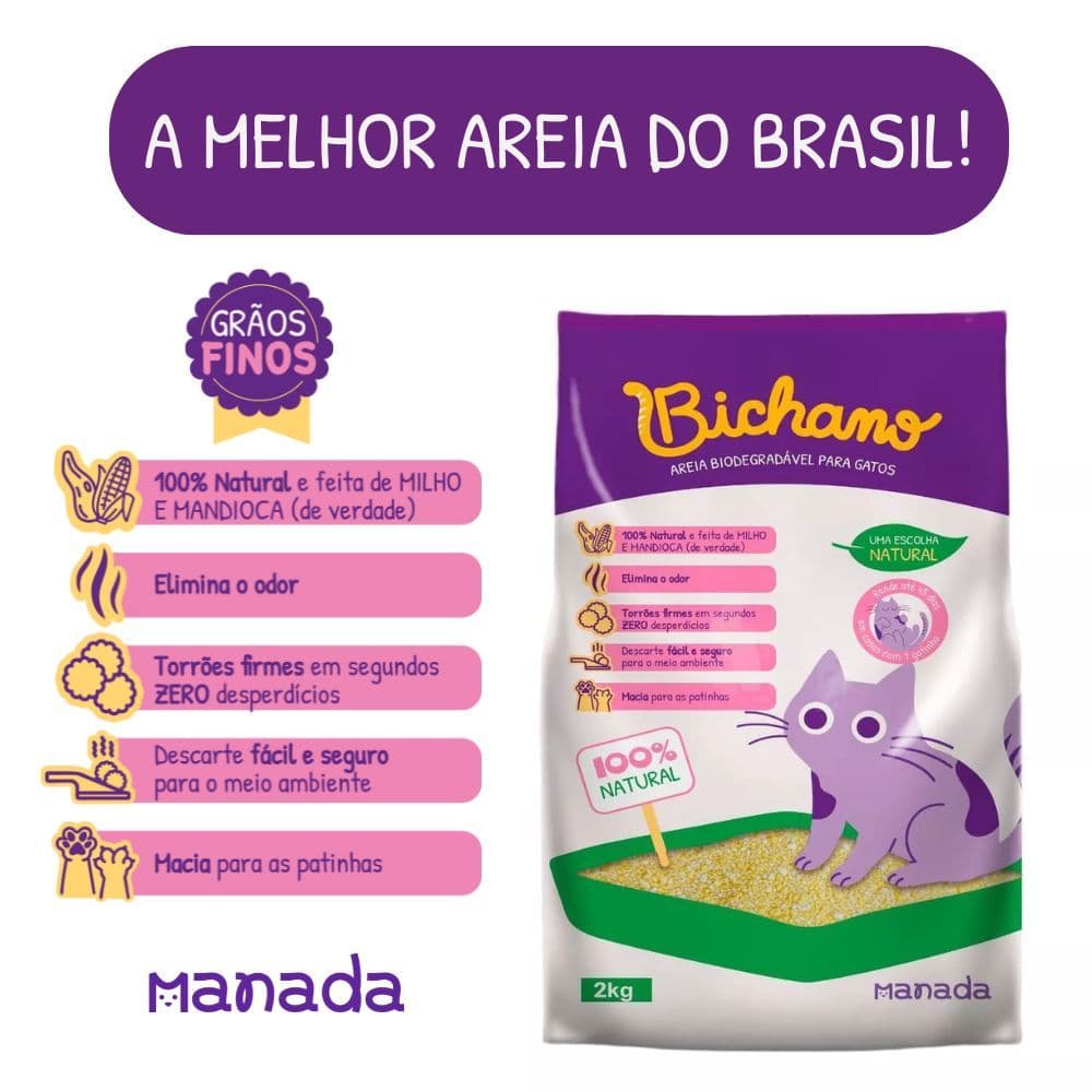 Areia Biodegradável Bichano Para Gatos Cat Grãos Finos 2kg Bio Milho e Mandioca Grão Fino Manada