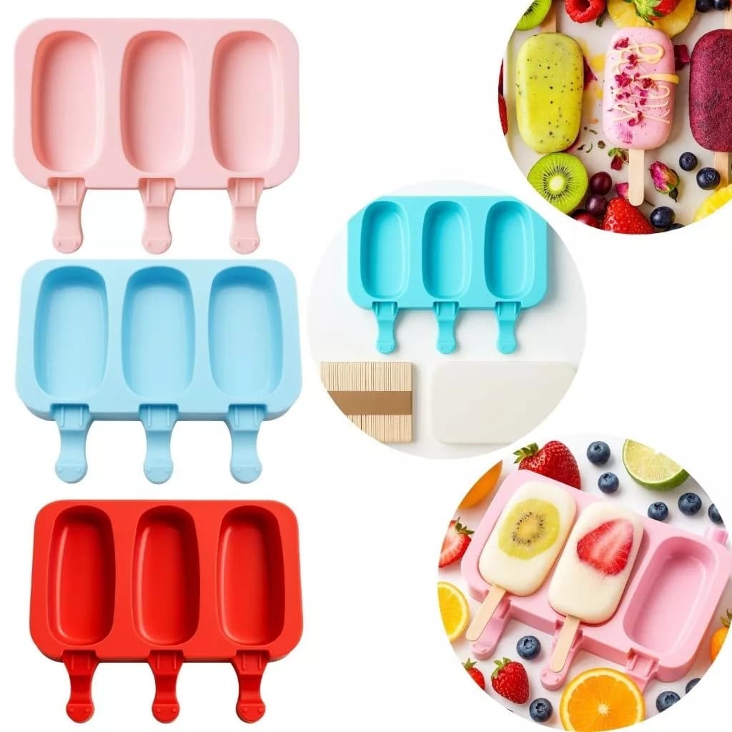 Forma Sorvete Silicone Para Picole 3 Cavidades Geladinho Com 50 Palito e Tampa Festa Kehome