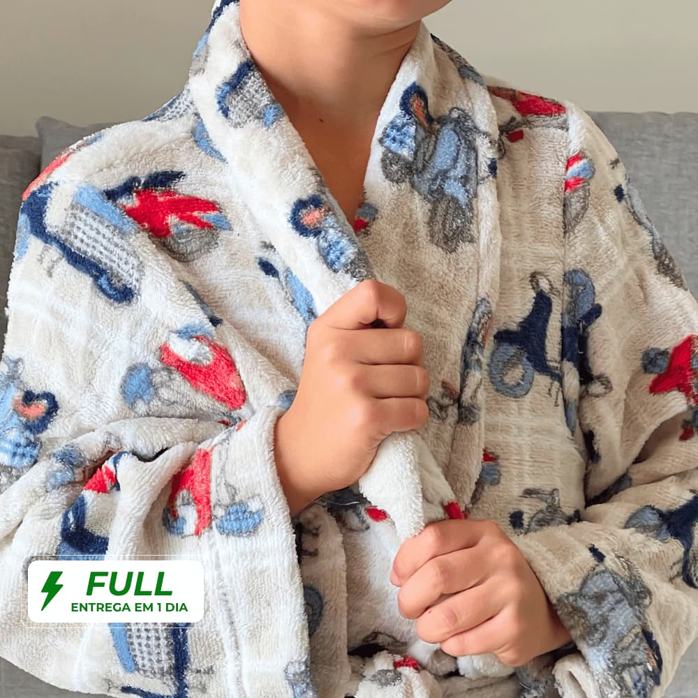 Roupão Infantil Inverno Microfibra com Bolso Manga Longa Menino e Menina Estampado Piscina e Banho