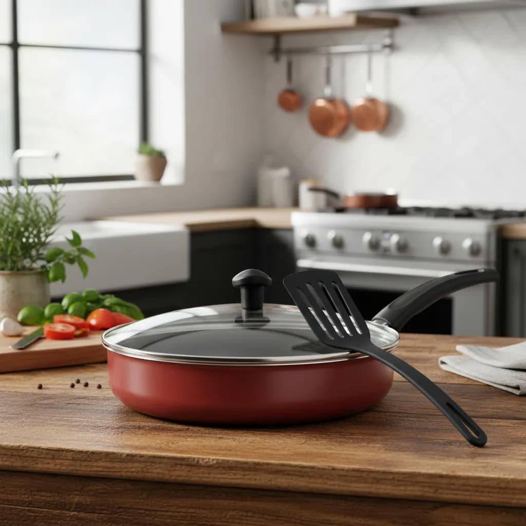 Frigideira  22cm Funda Antiaderente Com Tampa de Vidro  Alta Teflon Cor Vermelho + Espátula Nylon