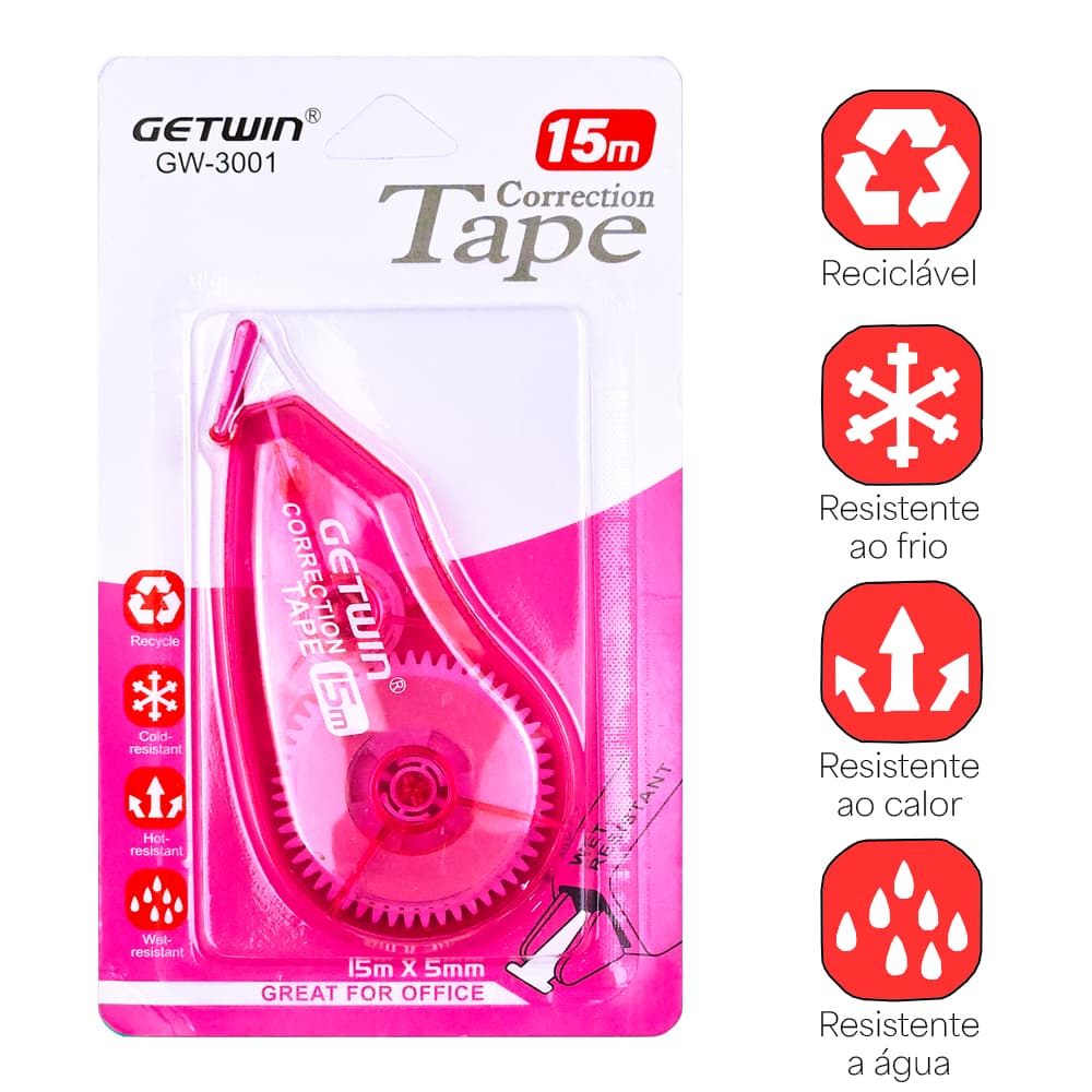 Corretivo em Fita 15 Metros Resistente a Água e Temperaturas Produto Reciclável Azul, Rosa e Verde
