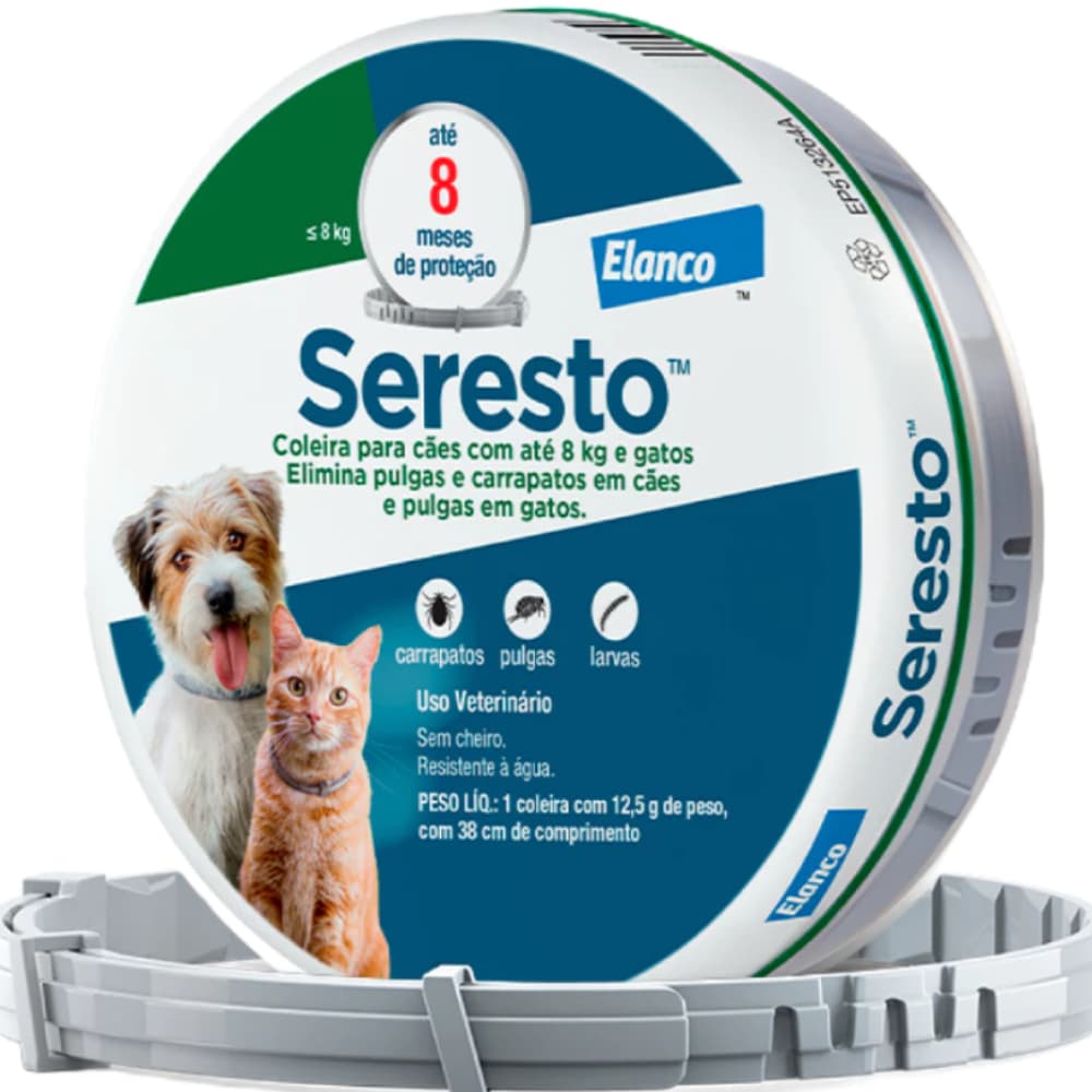 Coleira Antipulgas e Carrapatos Elanco Seresto para Cães e Gatos até 8 Kg