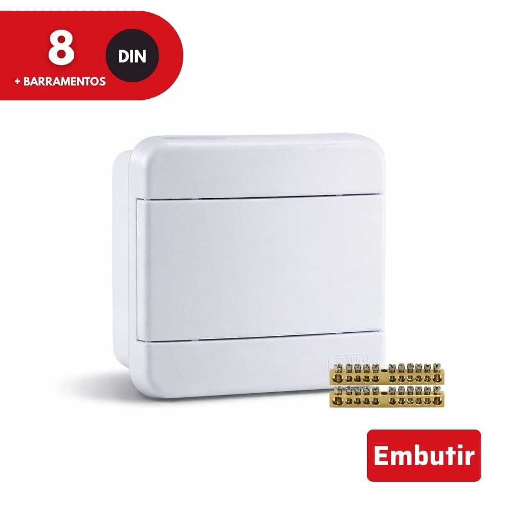 Quadro de Distribuição Para Embutir 8 Disjuntores Din Com Barramentos Force Line