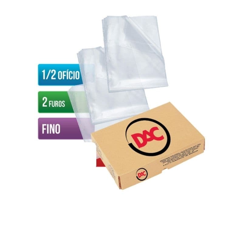 Envelope, Saco Plástico para pasta catálogo, meio Ofício 2 furos Fino - Dac 1/2 oficio