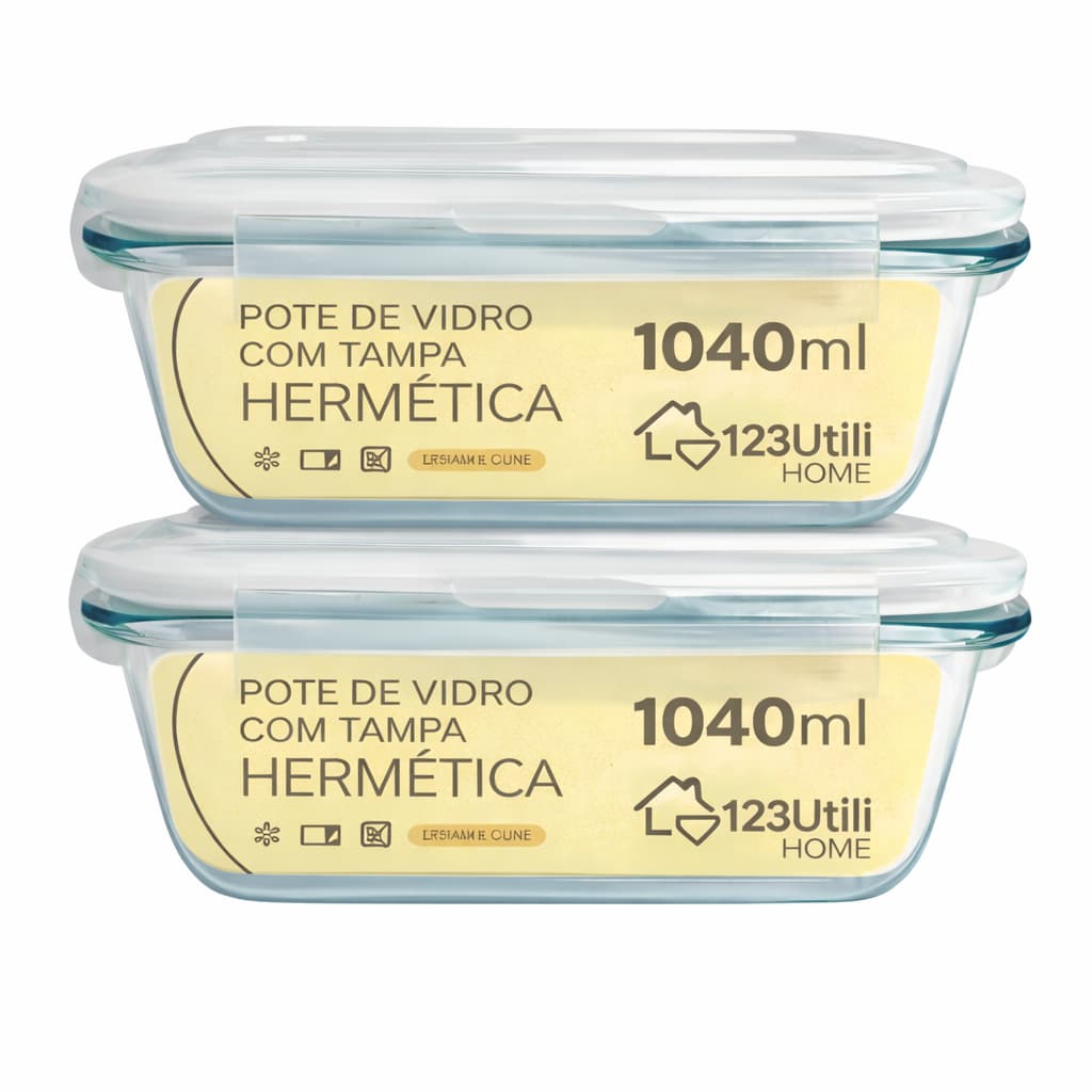 Kit 2 Potes Vidro Hermético 1040ml Tampa Vedação  Marmita Refratária Forno Micro-ondas