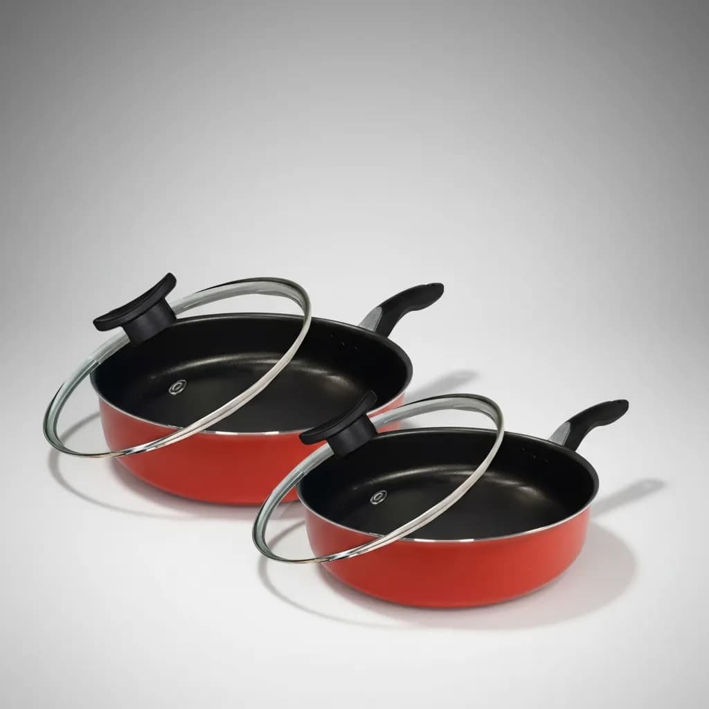 Kit 2 Frigideiras Antiaderente Com Tampa de Vidro Tamanho 18 e 20cm 5 Camadas de Teflon Cor Vermelho