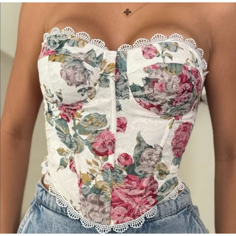 Cropped Corset Tomara que Caia Floral Amarração Traseira Sexy Balada, Festa, Moda Blogueira.
