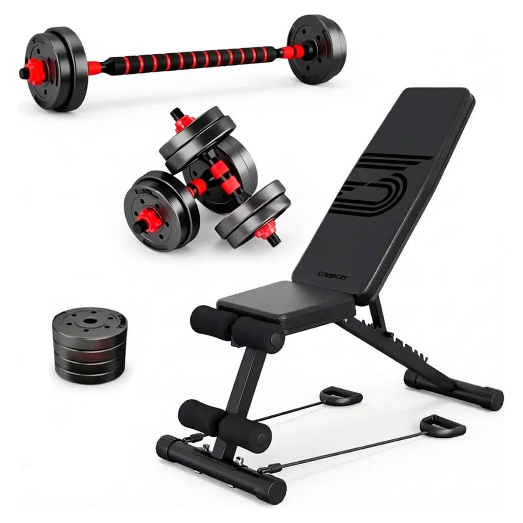 Banco Supino Musculação com Kit Halteres Barras Anilhas Peso Regulável Consport