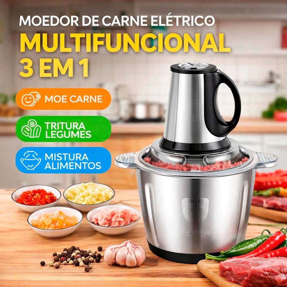Moedor de Carne Elétrico Multifuncional 3 em 1 para Carne, Legumes e Alimentos – Potente e Fácil de Usar