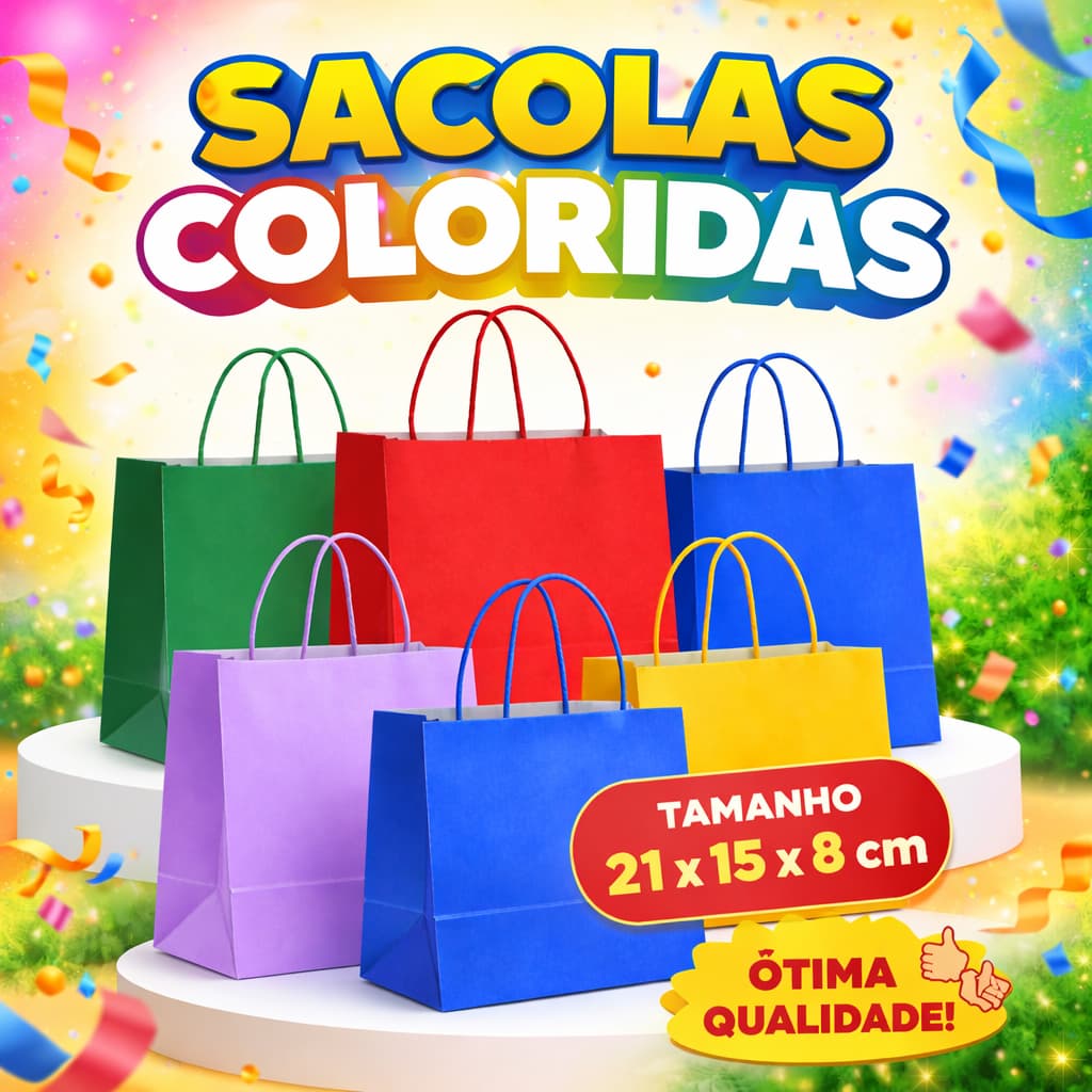 SACOLAS DE PAPEL COLORIDAS 5 CORES Festa Aniversario Eventos Lembrancinhas Kraft