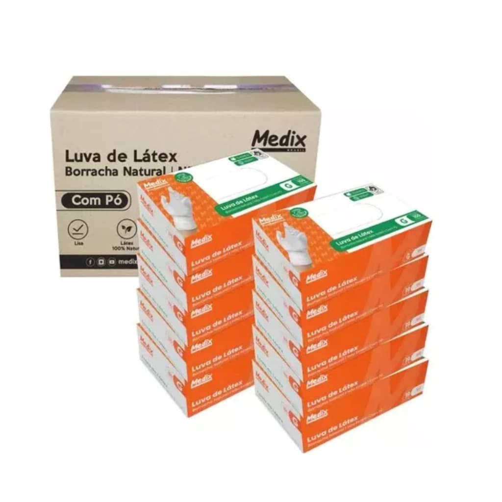Kit 10 Caixas de Luvas Látex Com Pó 1000 Unidades Tamanho M - Medix