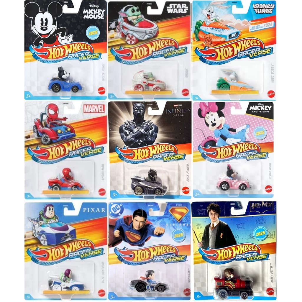 Hot Wheels Racer Verse 2026 Personagens Bob Esponja, Harry Potter, Mulher Maravilha e Outros