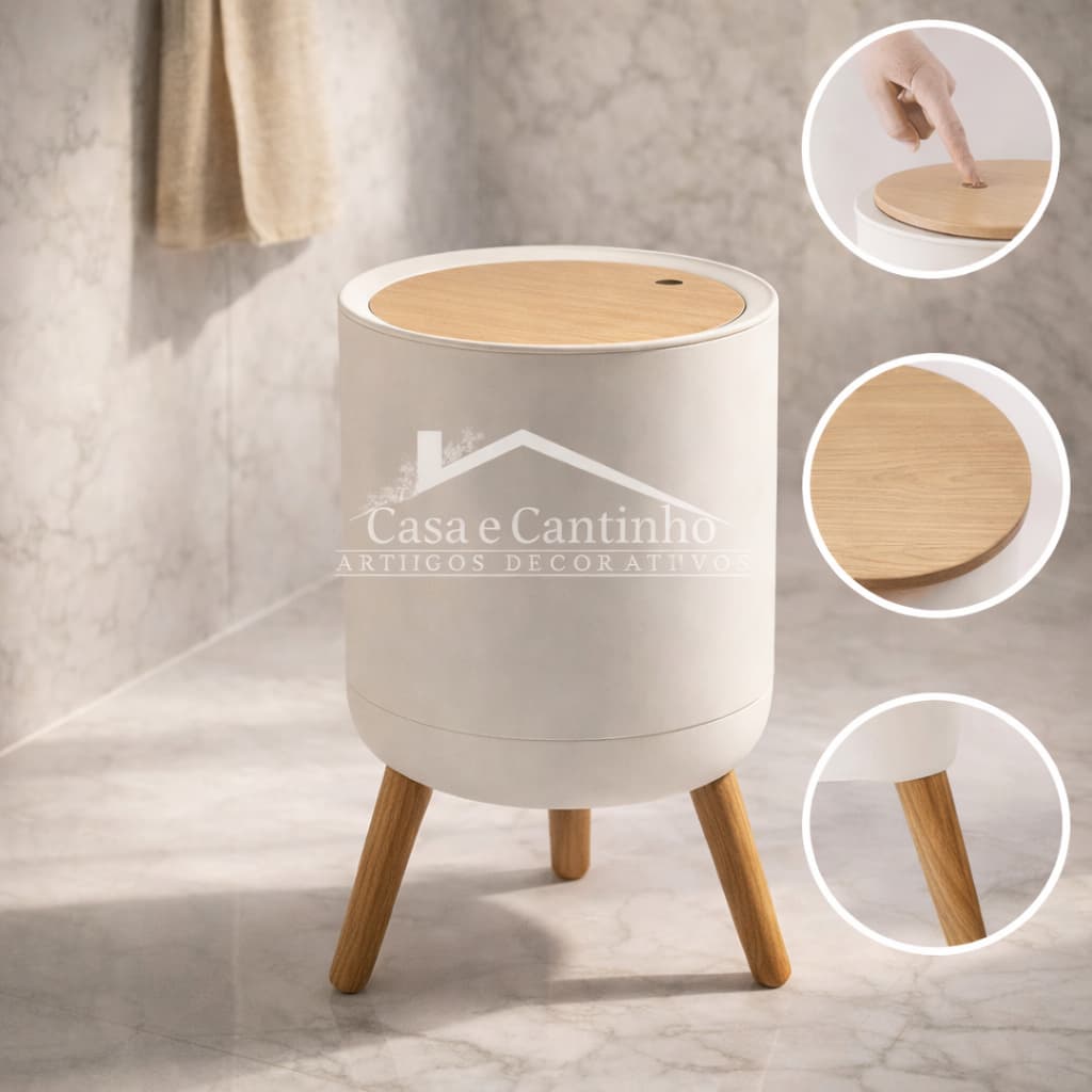 Lixeira Branca De Plástico 7 Litros Com Pés De Bambu Tampa Click De Pressão Cozinha Banheiro