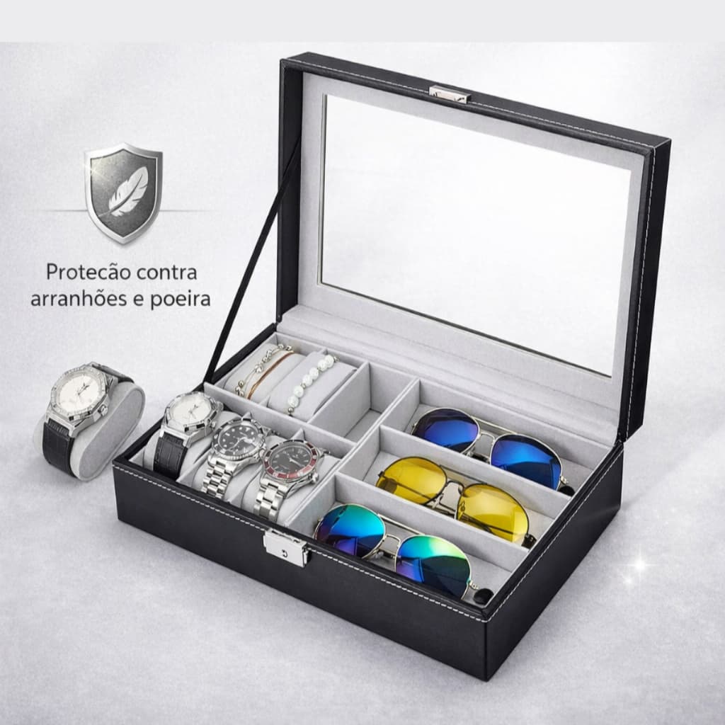 Caixa Organizadora Maleta Porta Relógios Luxo 12 Compartimentos Preto Prático Elegante Viagens