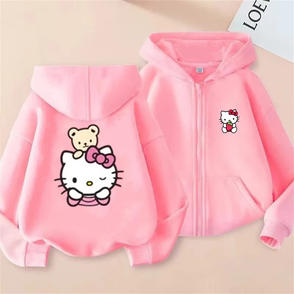 Blusa de Moletom com Ziper Casaco Quentinho Capuz Bolso Hello Kitty Infantil Infanto Juvenil Meninas