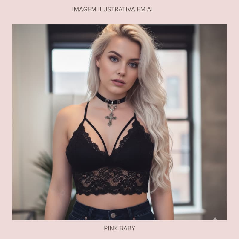 Cropped Top De Renda Tiras Dupla Alça Regulável Com Bojo SEMPRE NA MODA