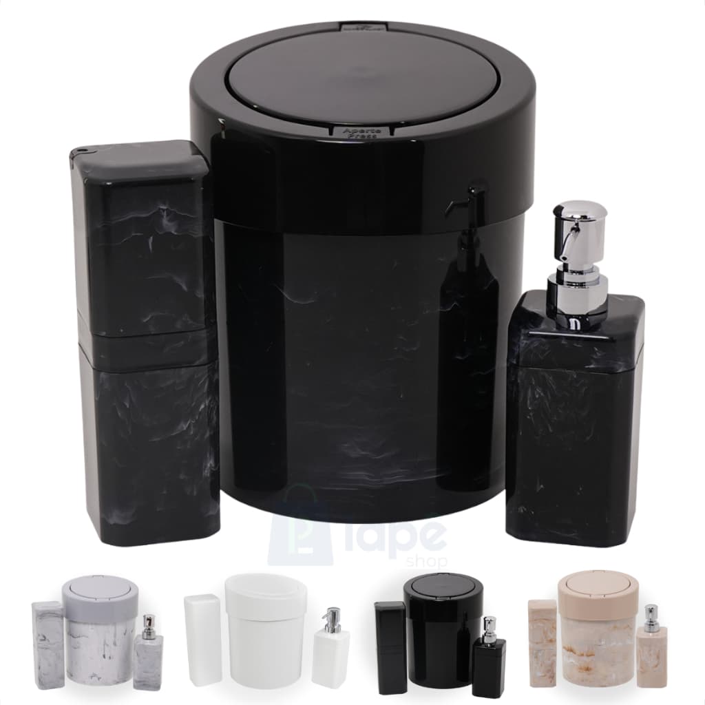 Kit Banheiro 3 Peças Lixeira + Porta Escova + Porta Sabonete Líquido