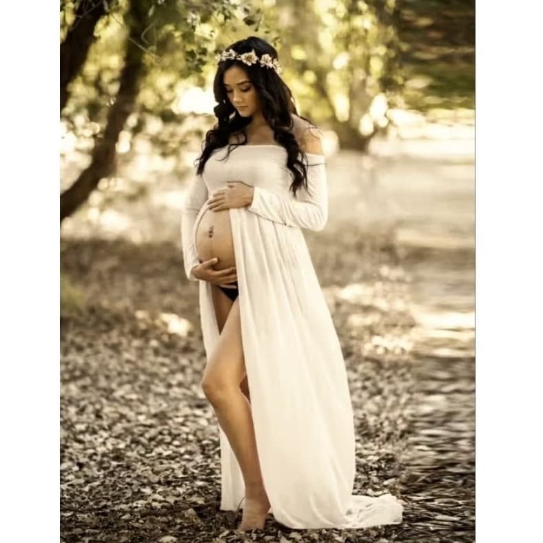 Vestido Nicole Manga Longa  Fotografia Ensaio Gestante Longo Creme Claro