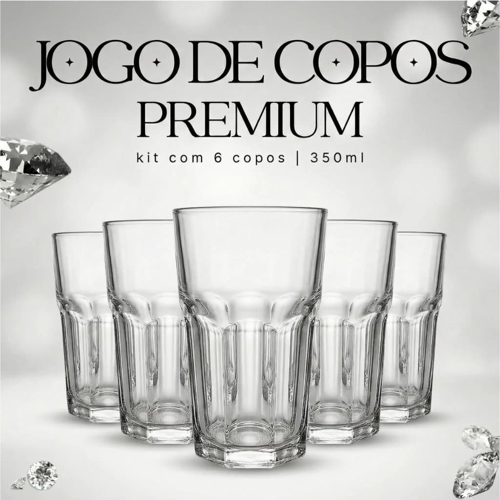 Jogo De Copos Em Vidro Kit 6 Peças Cozinha Água Suco Drink Refrigerante 350ml Mesa Posta Casa Nova