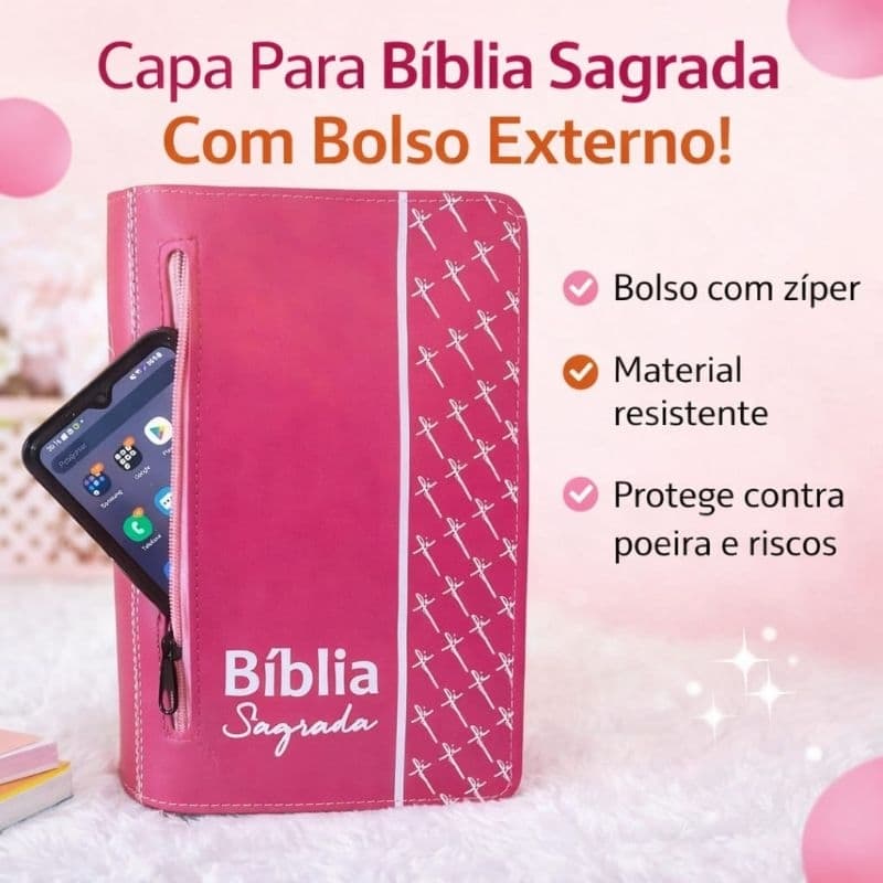 Capa Para Bíblia Sagrada Com Zíper e Bolso Externo Sintético