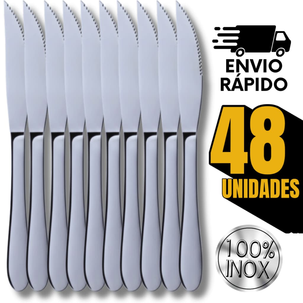 Conjunto 48 Faca de Serra com Ponta  Aço Inox para Jantar Almoço churrasco Utensílios Talher Facas