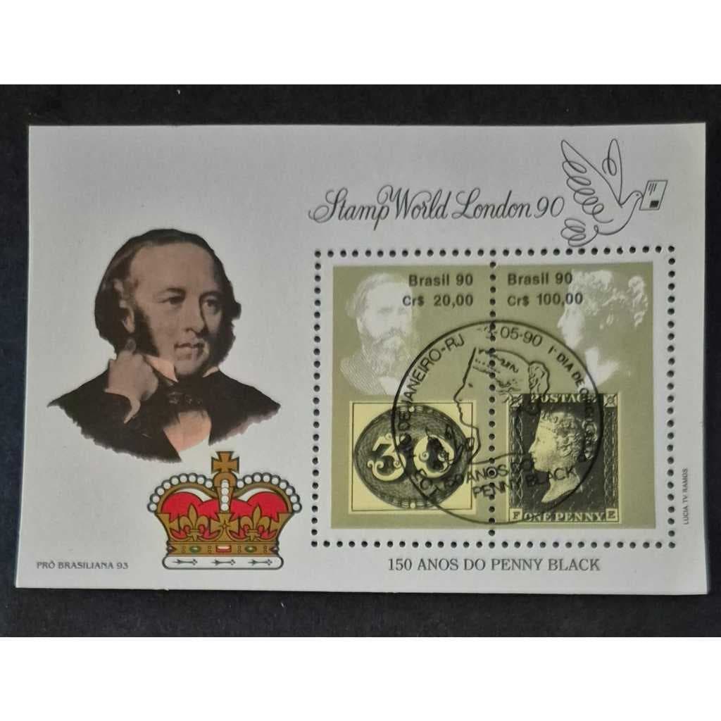 Brasil Bloco selo dos correios Nº 85 150 Anos Do Penny Black. Com carimbo de 1º dia de circulação.