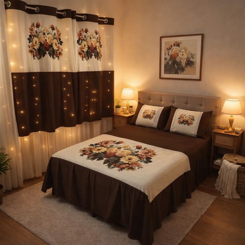 kit de quarto casal floral 5 peças, colcha com babado medindo 2.45m x 2.50m e duas cortinas para janela