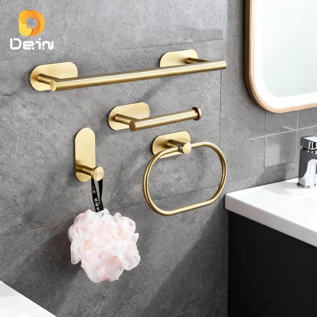 Kit 4 Peças Acessórios Banheiro Aço Inox Autoadesivo Sem Furação Porta Toalha e Gancho