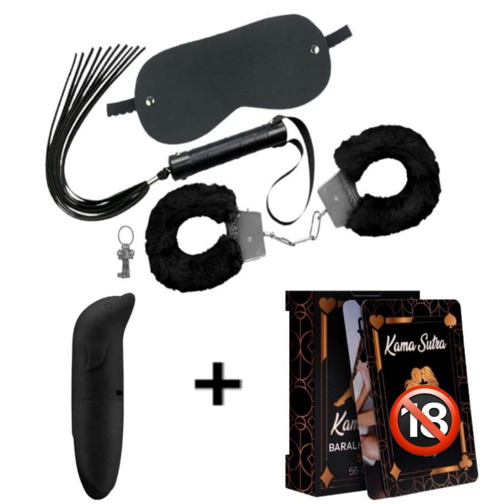Kit Sado Fetiche Jogo Erótico Kama Sutra + Algemas Pelúcia + Chicote + Golfinho Ponto G + Tapa Olhos