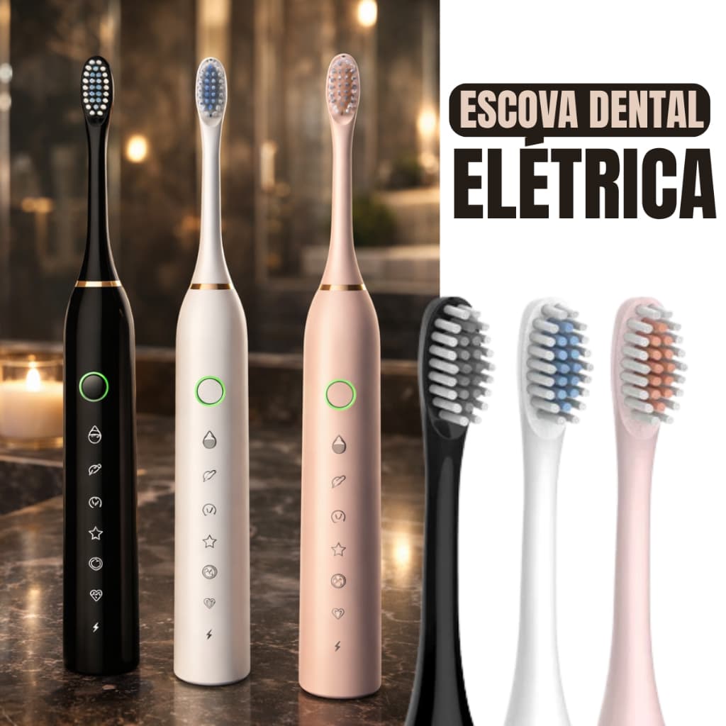 Escova Elétrica Sônica Recarregável + 4 Refis 42000 VPM Limpeza Profunda IPX7 Timer Inteligente USB