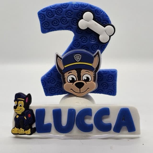 Vela Patrulha Canina Chase Biscuit Personalizada com Nome e Idade Azul + Pavio Mágico