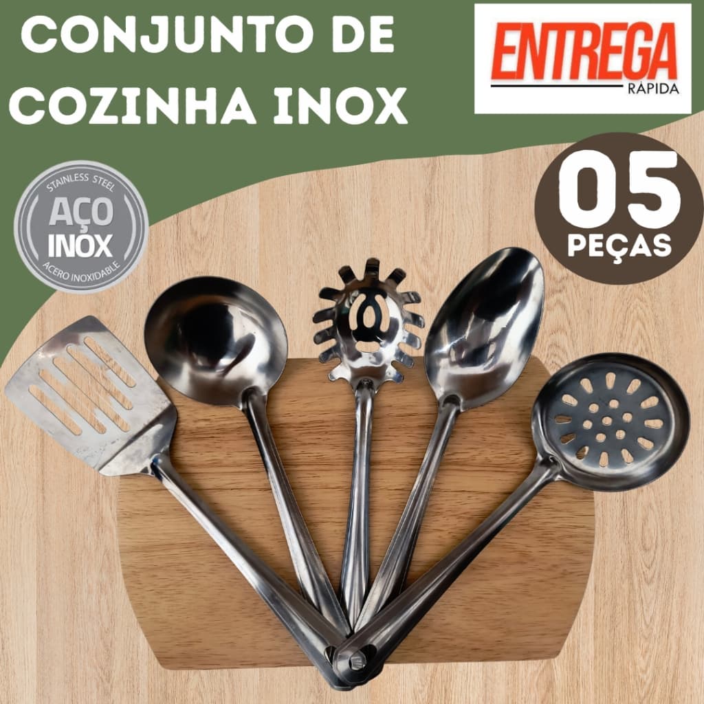 Kit Inox Concha Feijão, Colher de Arroz, Espátula Vazada, Pegadora Massas e Escumadeira Cozinha Domestica Profissional