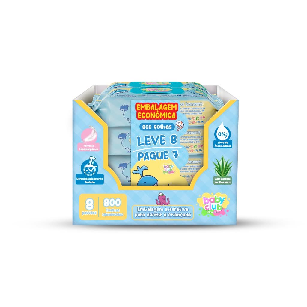 8 LENÇOS UMEDECIDOS BABY CLUB COM 100 FOLHAS  CADA - LEVE 8 PAGUE 7